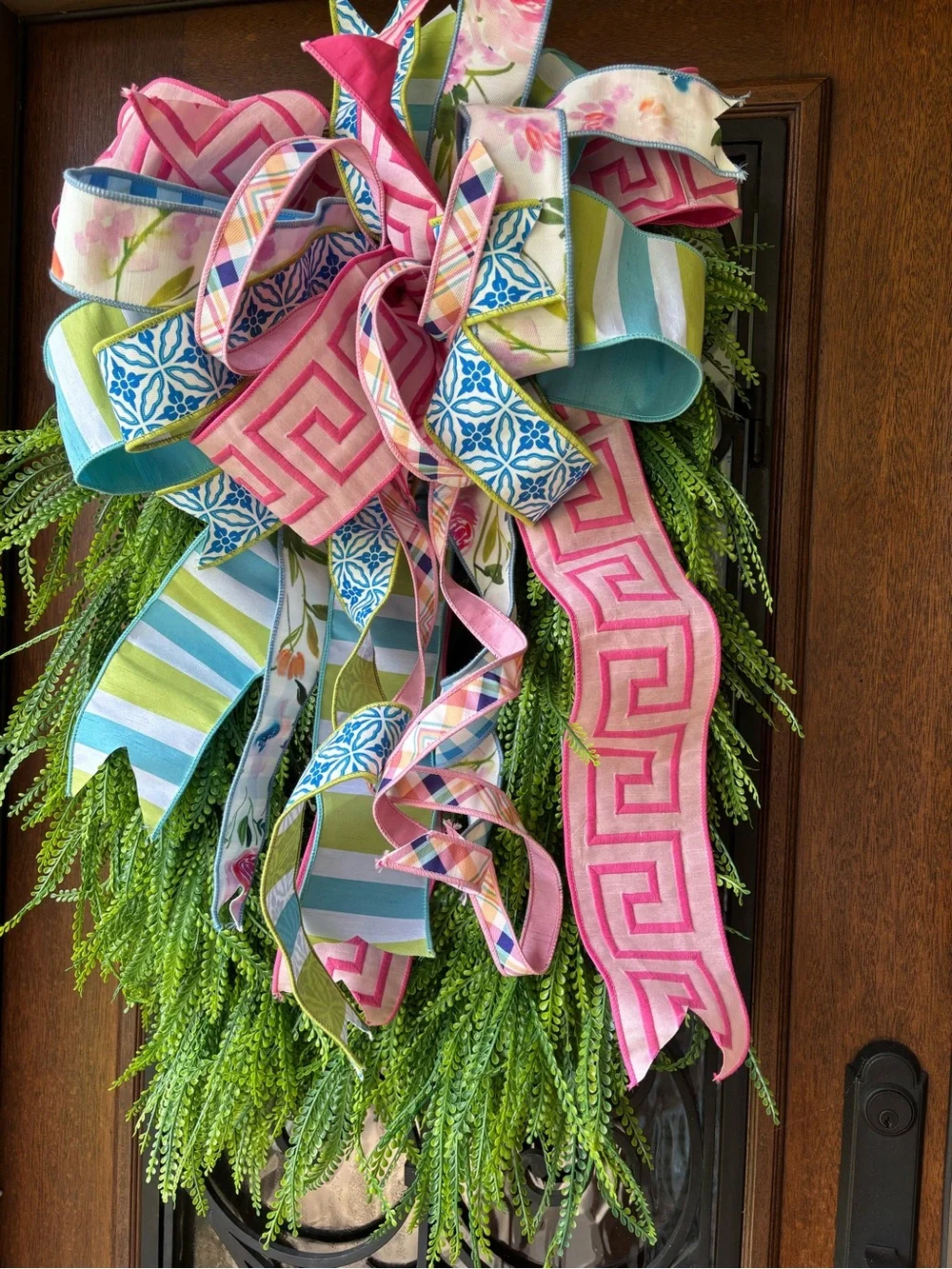 Spring Greenery Door Swag with Pink & Blue Ribbon
